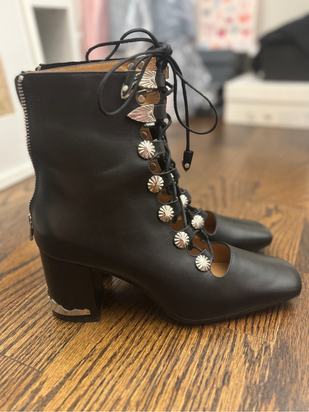 NWT TOGA Pulla Black Leather Lace-Up Cutout Ankle Boots with Silver Hardware